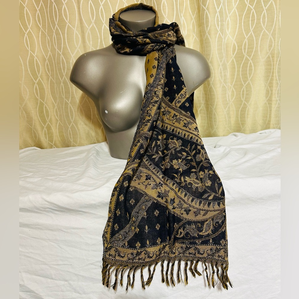Navy Blue and Gold Patterned Scarf With Golden Tassels
